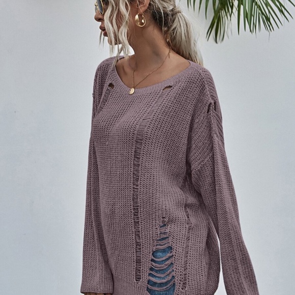 Grey off shoulder distressed oversize knit sweater - Picture 11 of 13